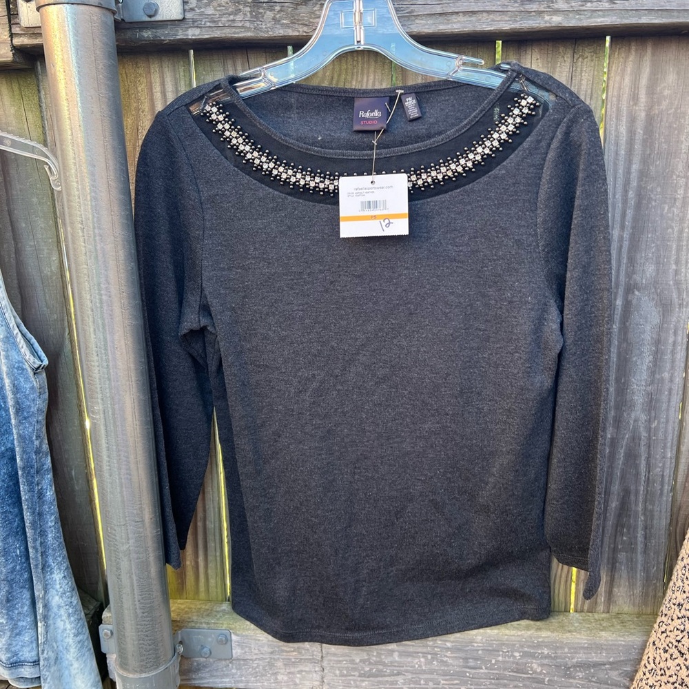 Rafaella Charcoal Embellished Neckline Long-Sleeve Top